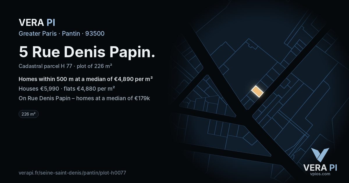 5 Rue Denis Papin, Pantin at night – the plot lit, the parcels around coloured by the prices near them