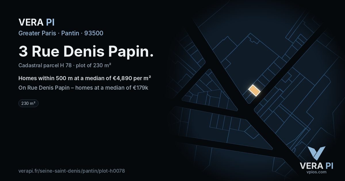 3 Rue Denis Papin, Pantin at night – the plot lit, the parcels around coloured by the prices near them