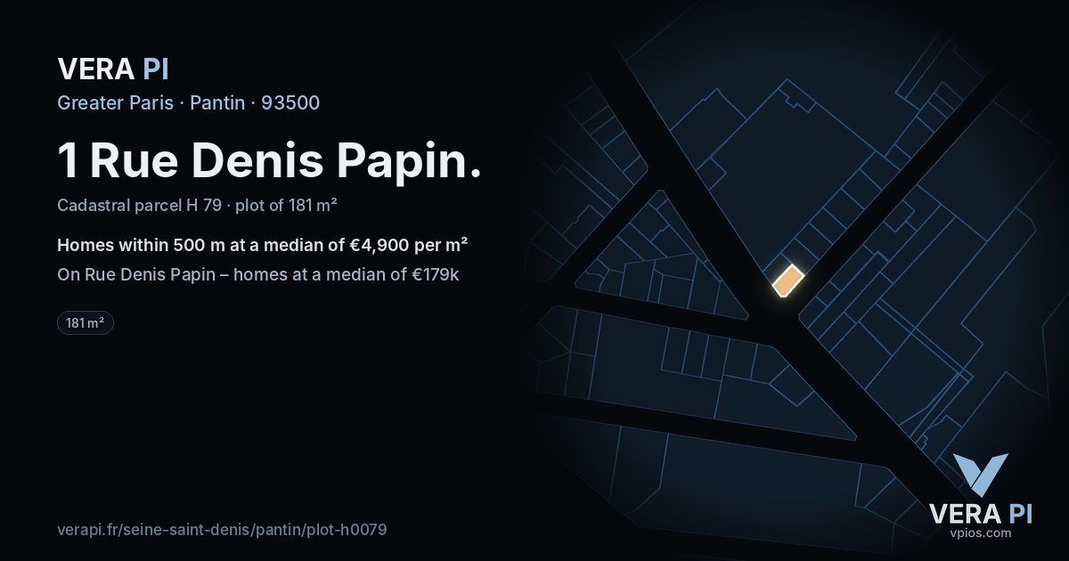 1 Rue Denis Papin, Pantin at night – the plot lit, the parcels around coloured by the prices near them