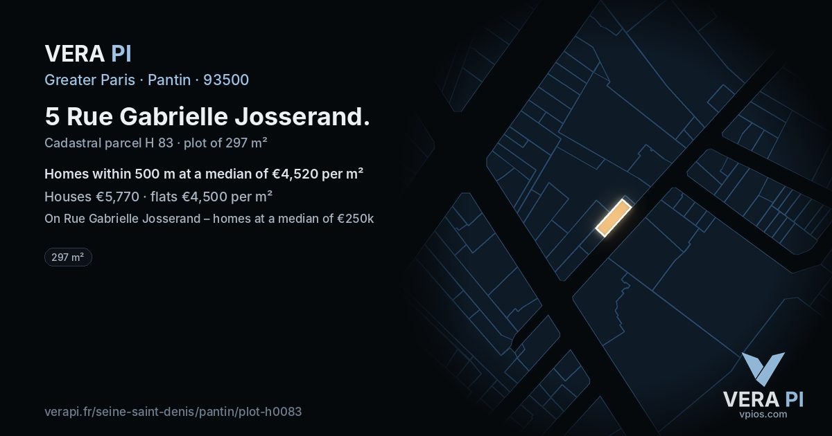 5 Rue Gabrielle Josserand, Pantin at night – the plot lit, the parcels around coloured by the prices near them