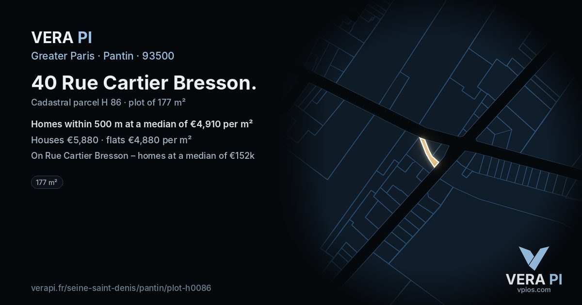 40 Rue Cartier Bresson, Pantin at night – the plot lit, the parcels around coloured by the prices near them