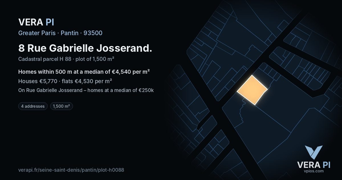 8 Rue Gabrielle Josserand, Pantin at night – the plot lit, the parcels around coloured by the prices near them