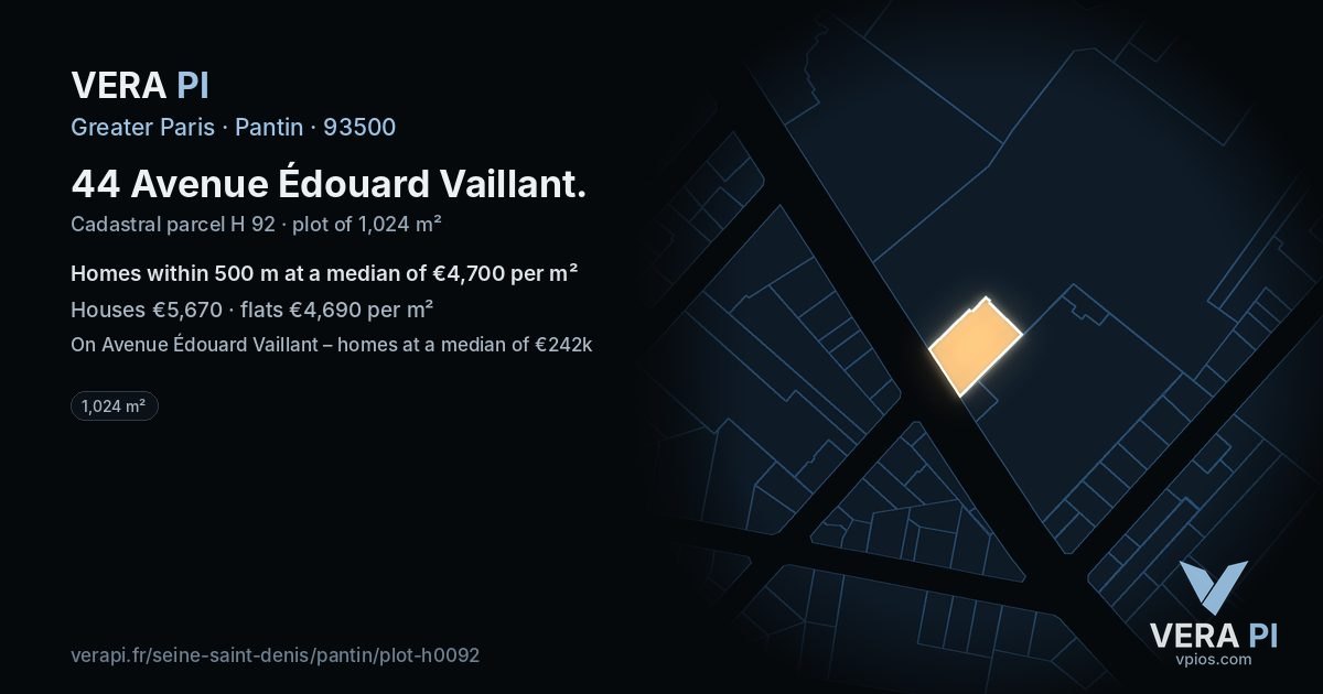 44 Avenue Édouard Vaillant, Pantin at night – the plot lit, the parcels around coloured by the prices near them