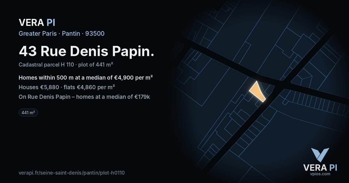43 Rue Denis Papin, Pantin at night – the plot lit, the parcels around coloured by the prices near them