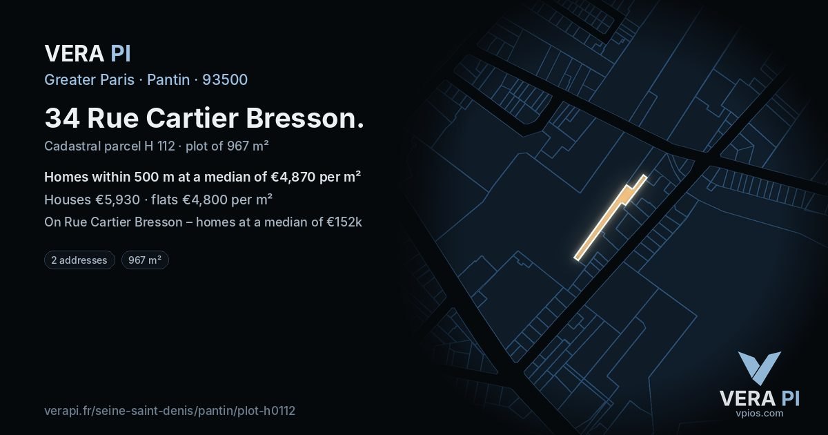 34 Rue Cartier Bresson, Pantin at night – the plot lit, the parcels around coloured by the prices near them