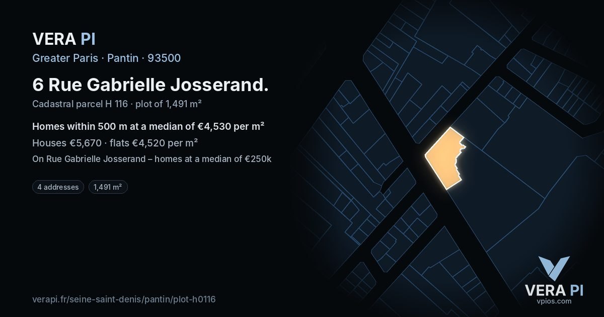 6 Rue Gabrielle Josserand, Pantin at night – the plot lit, the parcels around coloured by the prices near them