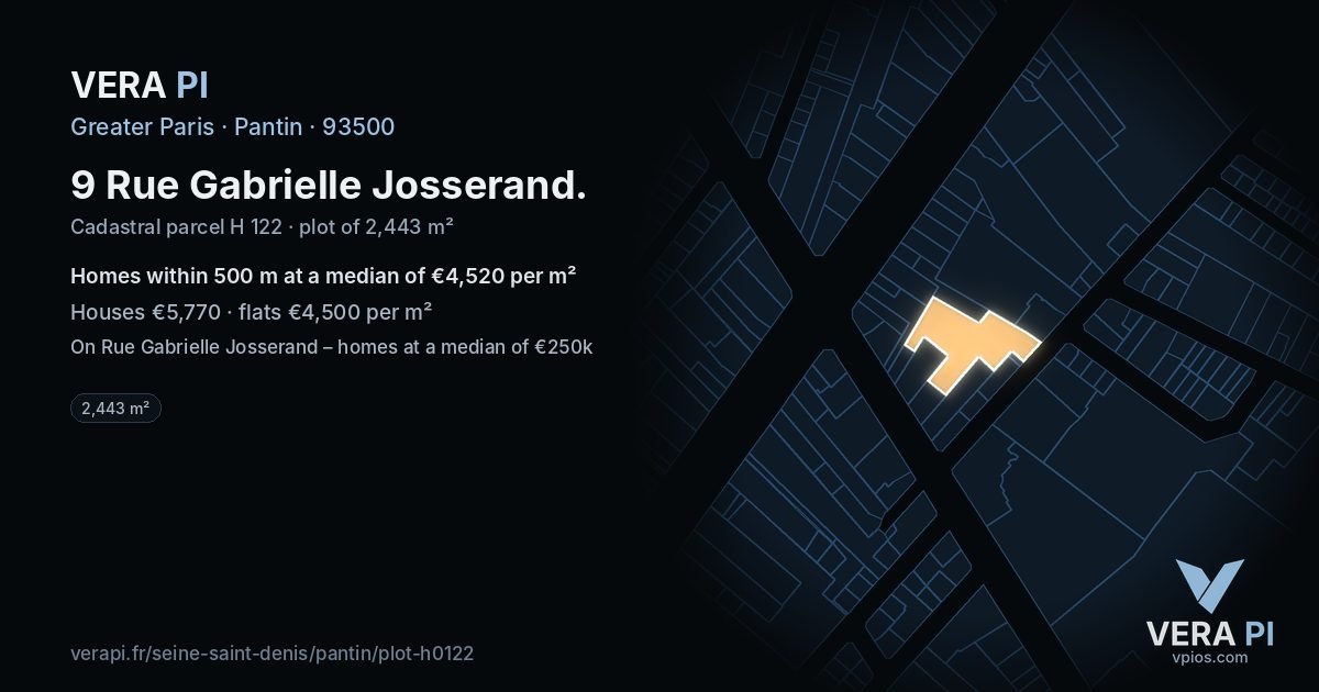 9 Rue Gabrielle Josserand, Pantin at night – the plot lit, the parcels around coloured by the prices near them