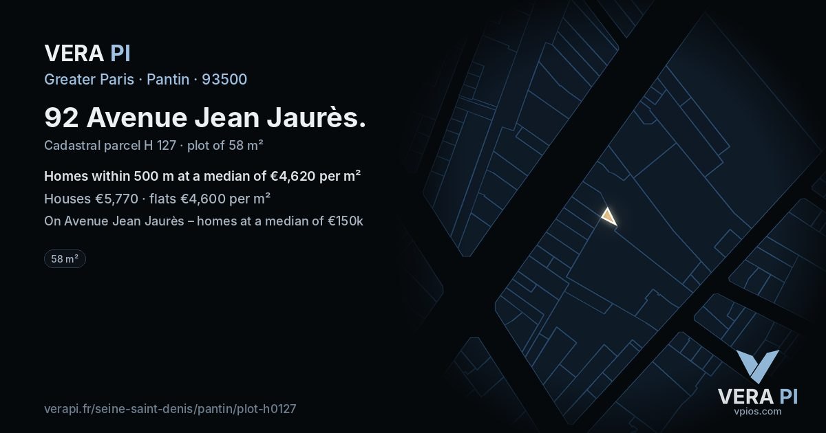 92 Avenue Jean Jaurès, Pantin at night – the plot lit, the parcels around coloured by the prices near them