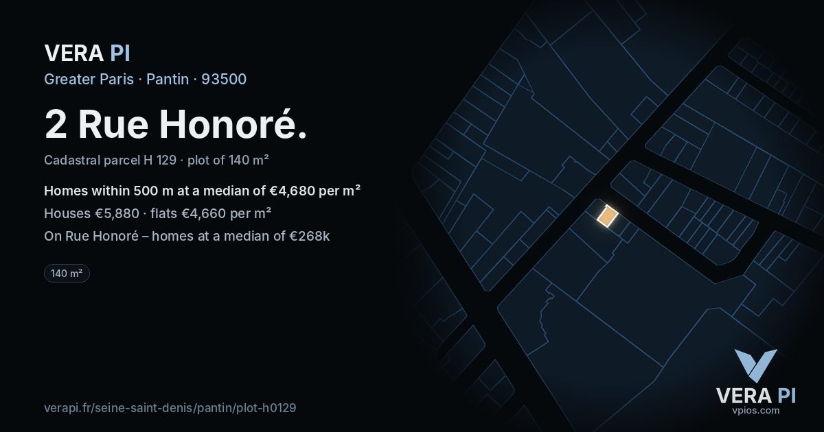 2 Rue Honoré, Pantin at night – the plot lit, the parcels around coloured by the prices near them
