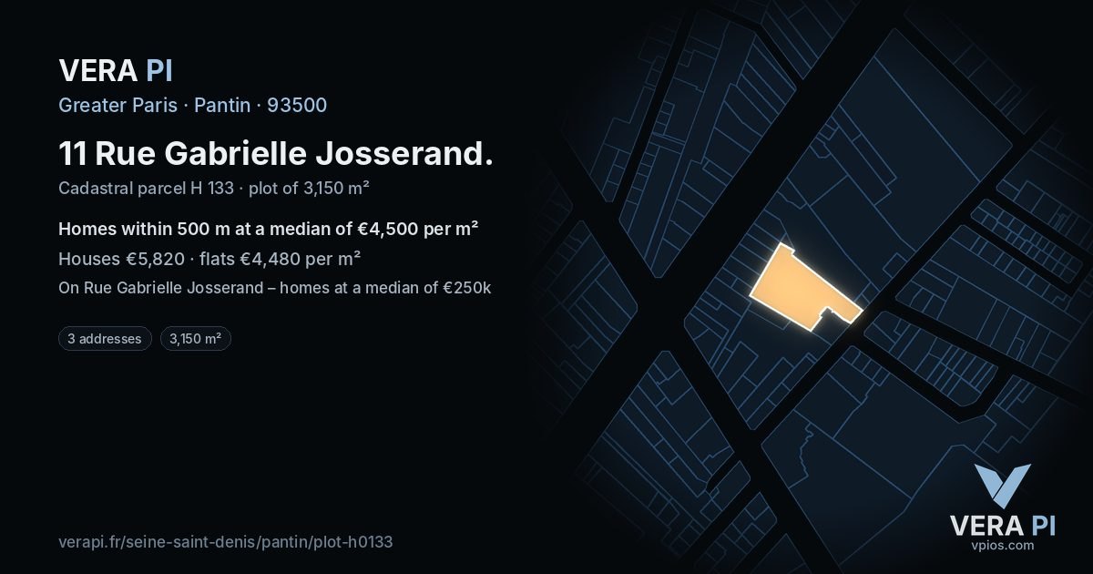 11 Rue Gabrielle Josserand, Pantin at night – the plot lit, the parcels around coloured by the prices near them