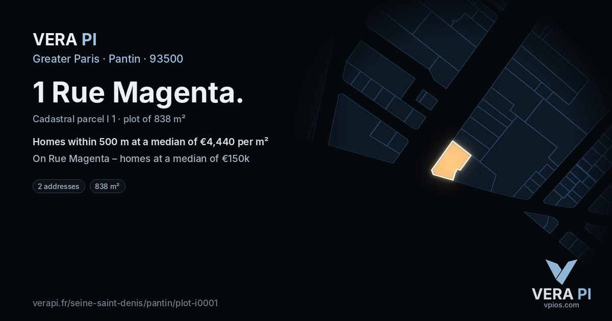 1 Rue Magenta, Pantin at night – the plot lit, the parcels around coloured by the prices near them
