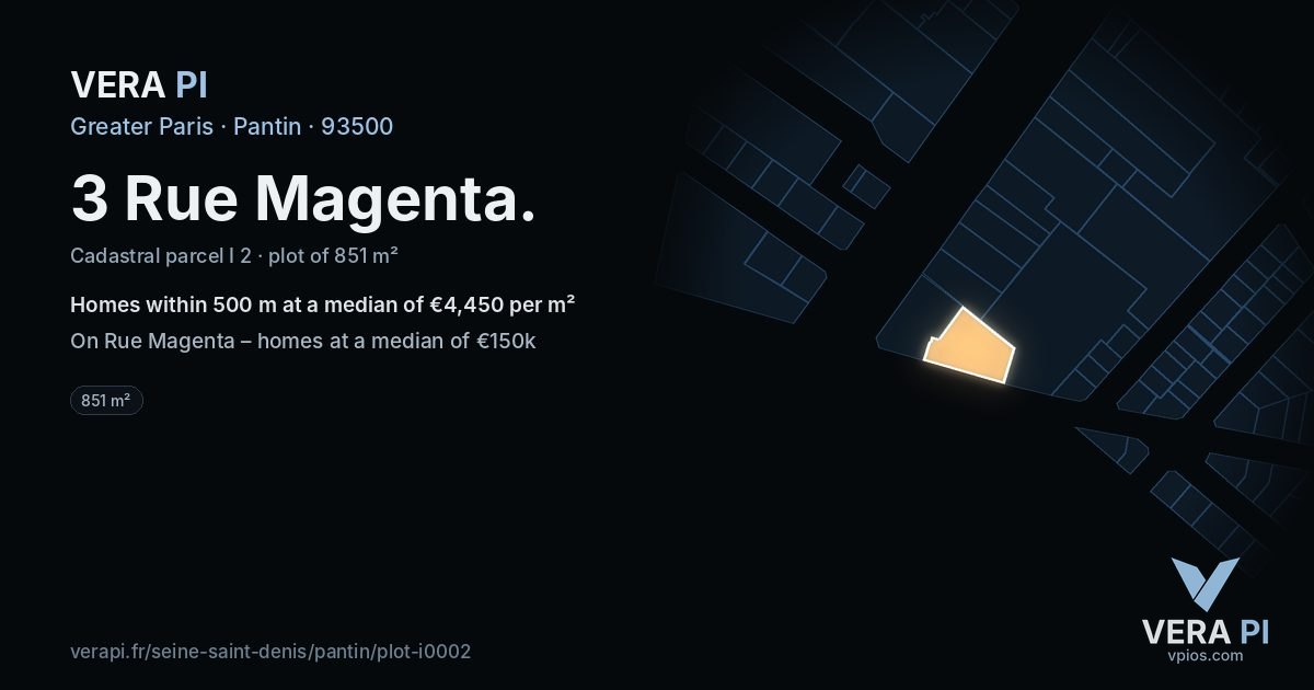 3 Rue Magenta, Pantin at night – the plot lit, the parcels around coloured by the prices near them