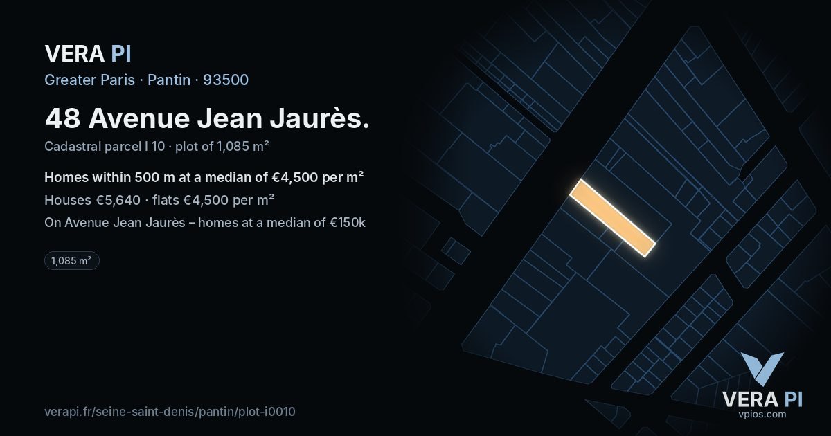 48 Avenue Jean Jaurès, Pantin at night – the plot lit, the parcels around coloured by the prices near them