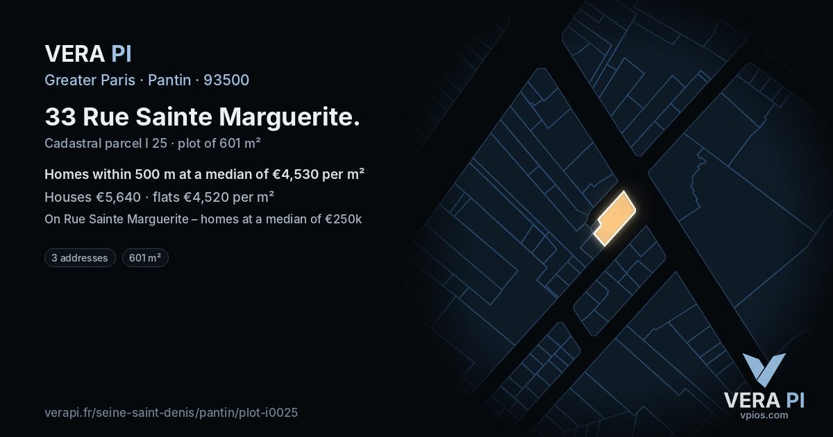 33 Rue Sainte Marguerite, Pantin at night – the plot lit, the parcels around coloured by the prices near them