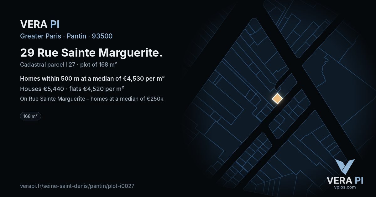 29 Rue Sainte Marguerite, Pantin at night – the plot lit, the parcels around coloured by the prices near them