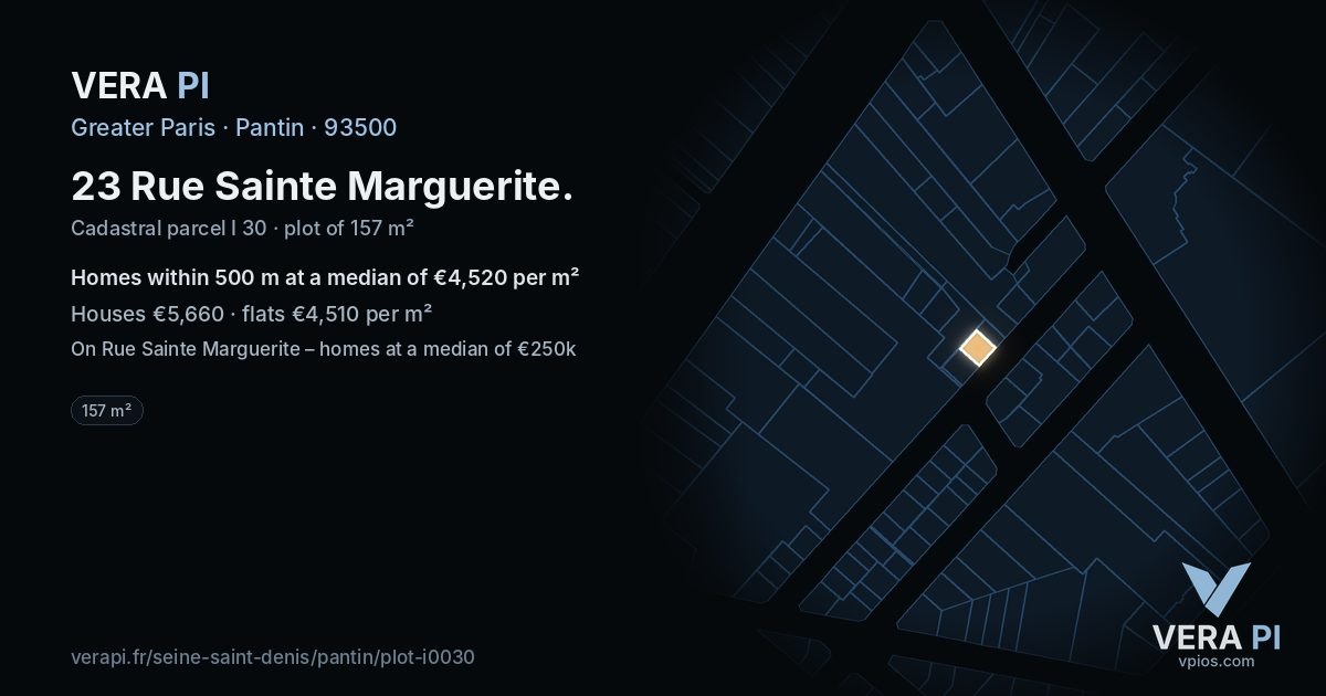 23 Rue Sainte Marguerite, Pantin at night – the plot lit, the parcels around coloured by the prices near them