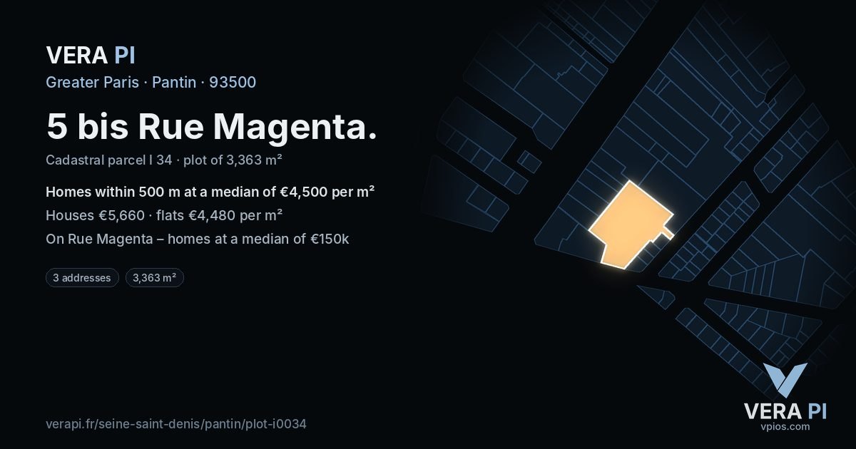 5 bis Rue Magenta, Pantin at night – the plot lit, the parcels around coloured by the prices near them