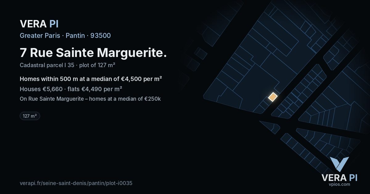 7 Rue Sainte Marguerite, Pantin at night – the plot lit, the parcels around coloured by the prices near them