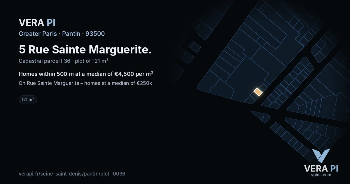 5 Rue Sainte Marguerite, Pantin at night – the plot lit, the parcels around coloured by the prices near them