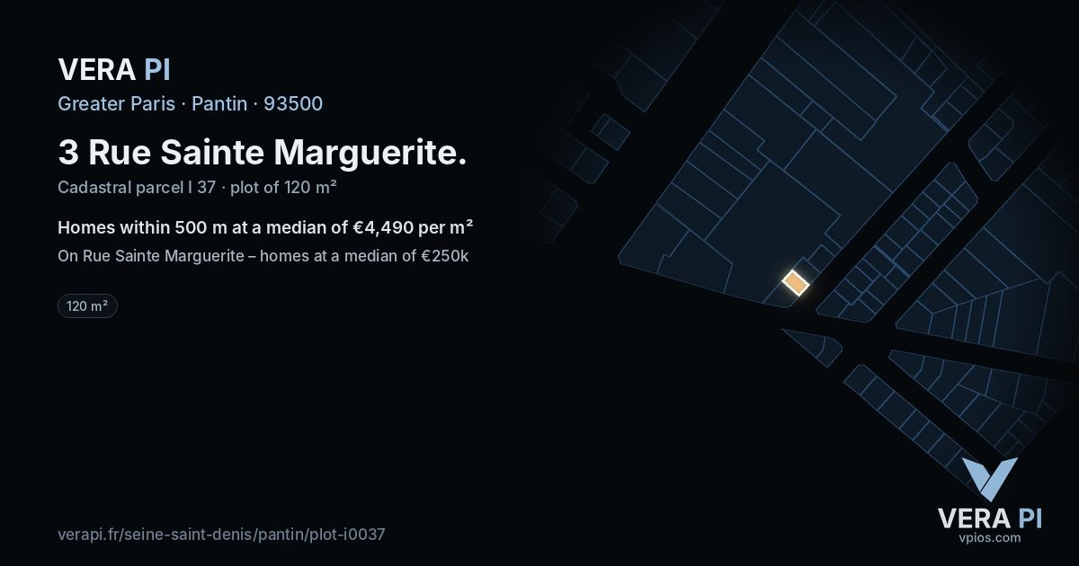 3 Rue Sainte Marguerite, Pantin at night – the plot lit, the parcels around coloured by the prices near them