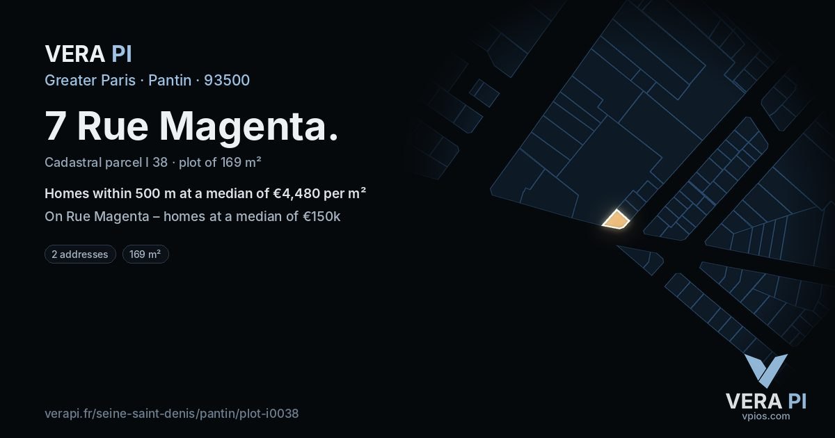 7 Rue Magenta, Pantin at night – the plot lit, the parcels around coloured by the prices near them