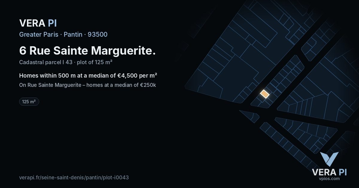 6 Rue Sainte Marguerite, Pantin at night – the plot lit, the parcels around coloured by the prices near them