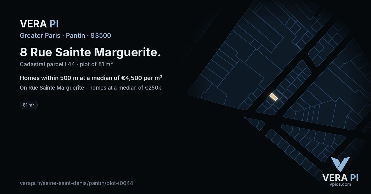 8 Rue Sainte Marguerite, Pantin at night – the plot lit, the parcels around coloured by the prices near them