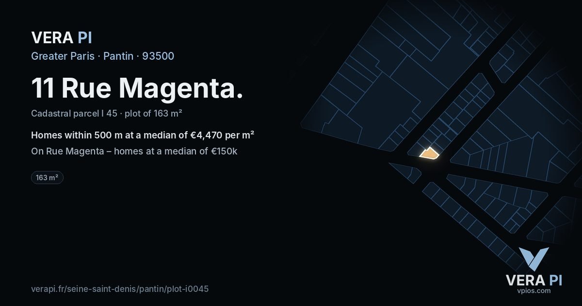 11 Rue Magenta, Pantin at night – the plot lit, the parcels around coloured by the prices near them