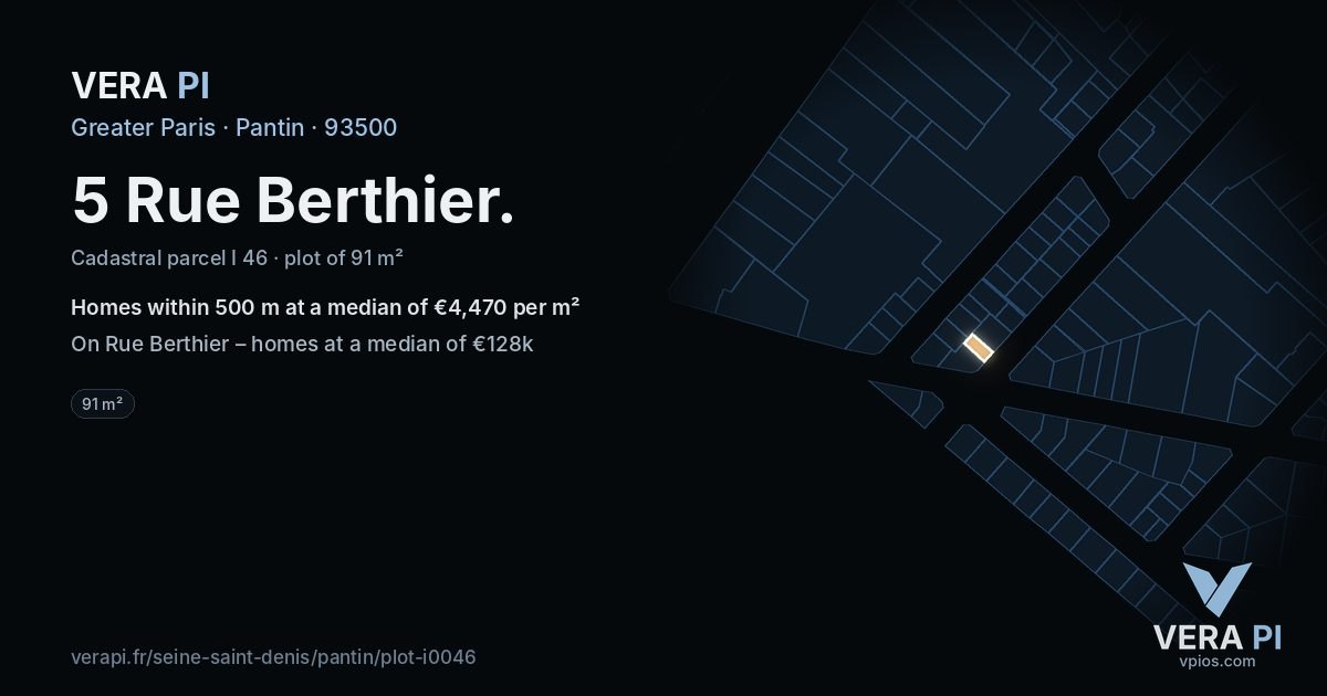 5 Rue Berthier, Pantin at night – the plot lit, the parcels around coloured by the prices near them