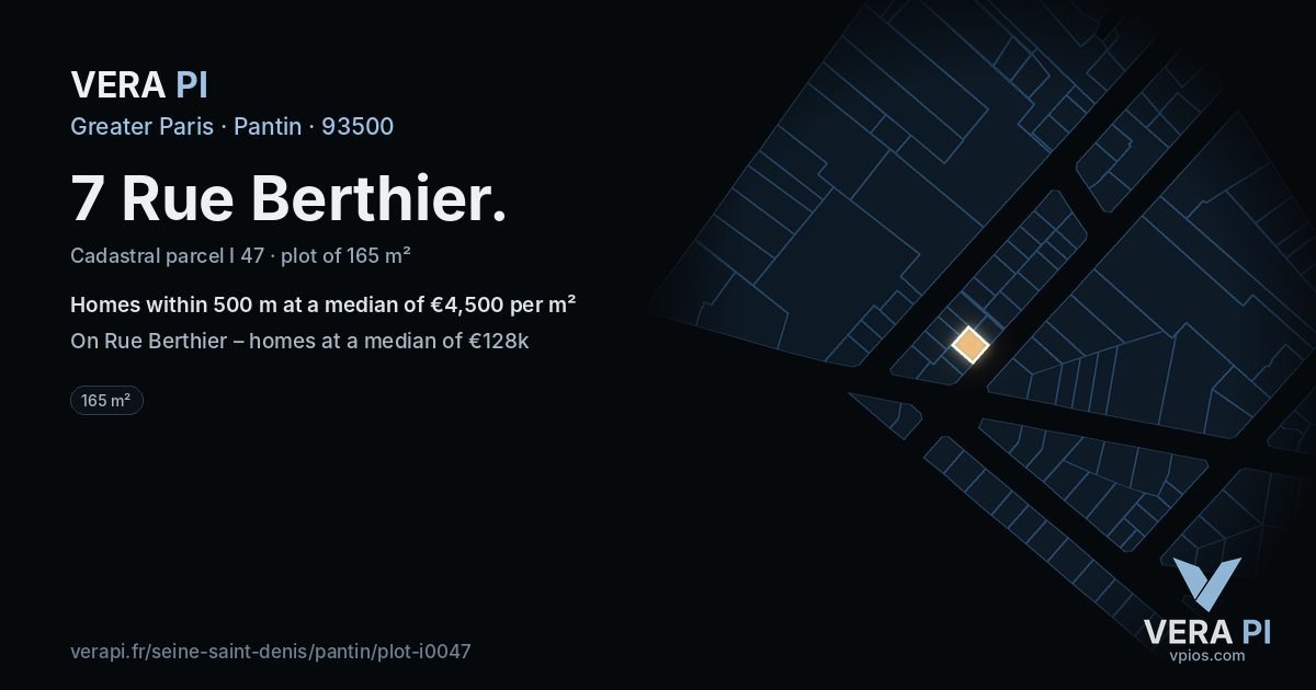 7 Rue Berthier, Pantin at night – the plot lit, the parcels around coloured by the prices near them