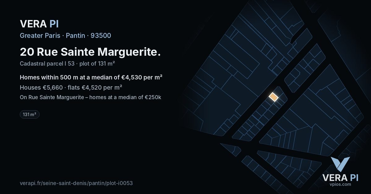 20 Rue Sainte Marguerite, Pantin at night – the plot lit, the parcels around coloured by the prices near them