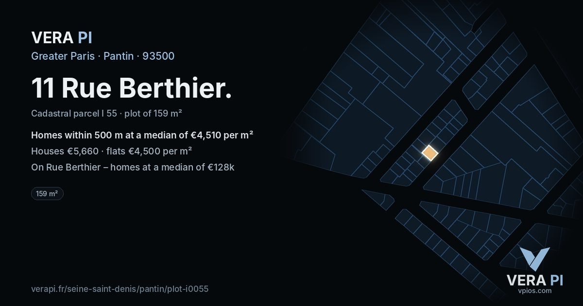 11 Rue Berthier, Pantin at night – the plot lit, the parcels around coloured by the prices near them