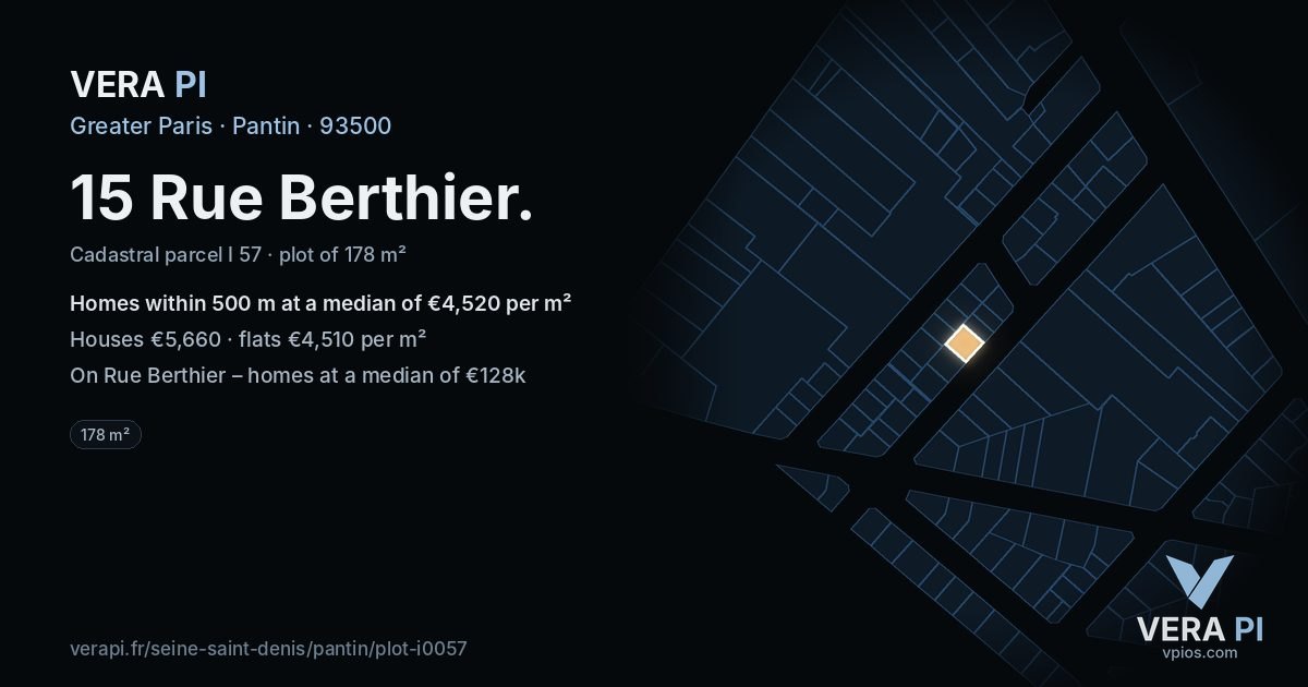 15 Rue Berthier, Pantin at night – the plot lit, the parcels around coloured by the prices near them