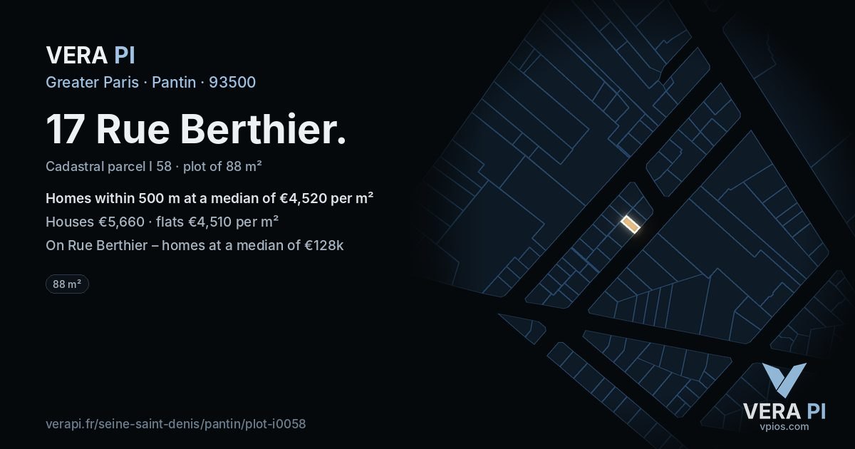 17 Rue Berthier, Pantin at night – the plot lit, the parcels around coloured by the prices near them