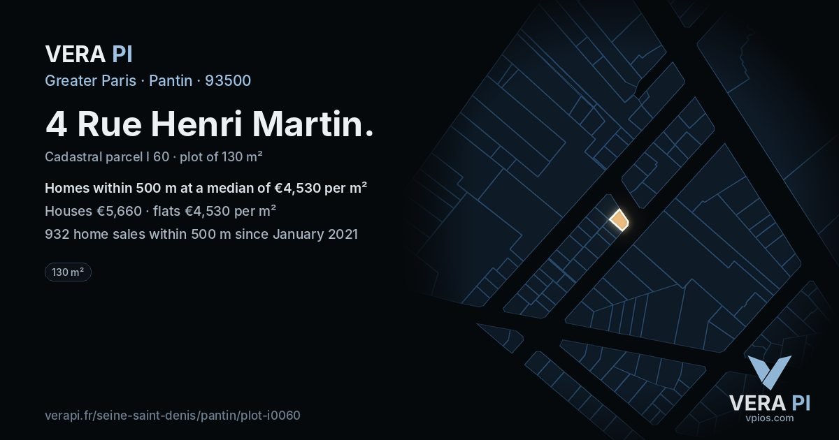4 Rue Henri Martin, Pantin at night – the plot lit, the parcels around coloured by the prices near them