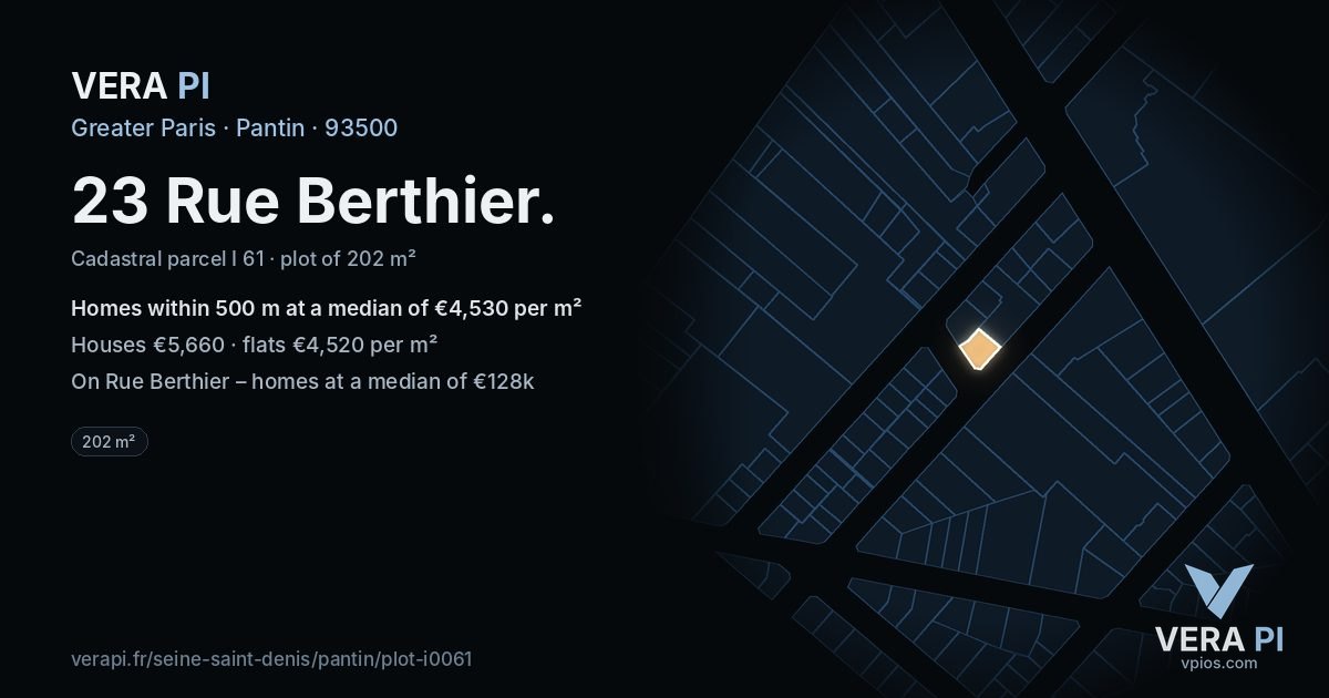 23 Rue Berthier, Pantin at night – the plot lit, the parcels around coloured by the prices near them