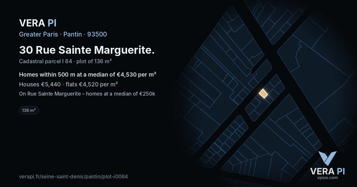 30 Rue Sainte Marguerite, Pantin at night – the plot lit, the parcels around coloured by the prices near them