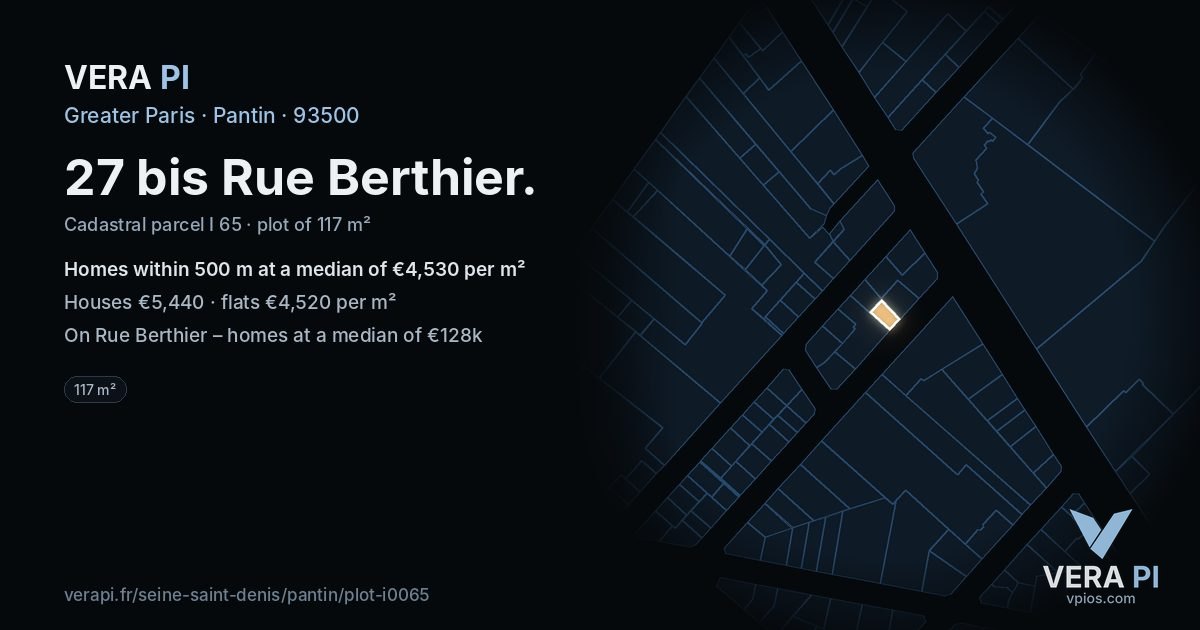 27 bis Rue Berthier, Pantin at night – the plot lit, the parcels around coloured by the prices near them