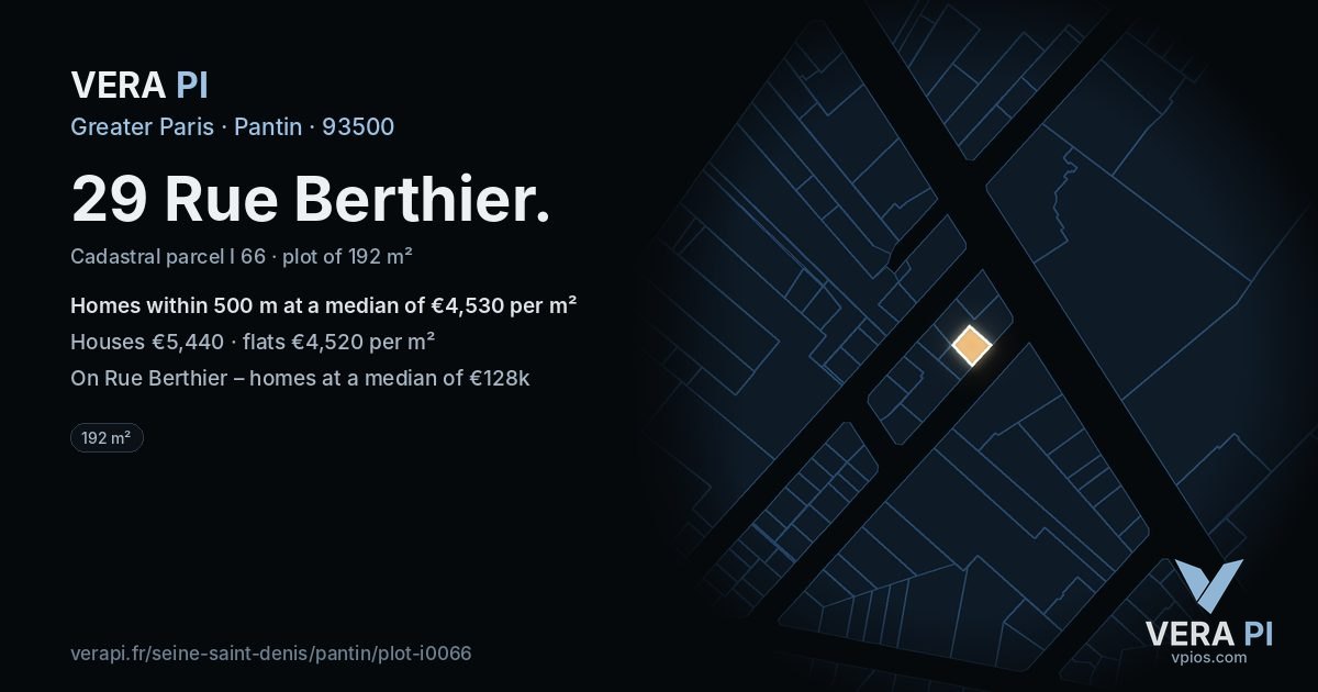 29 Rue Berthier, Pantin at night – the plot lit, the parcels around coloured by the prices near them