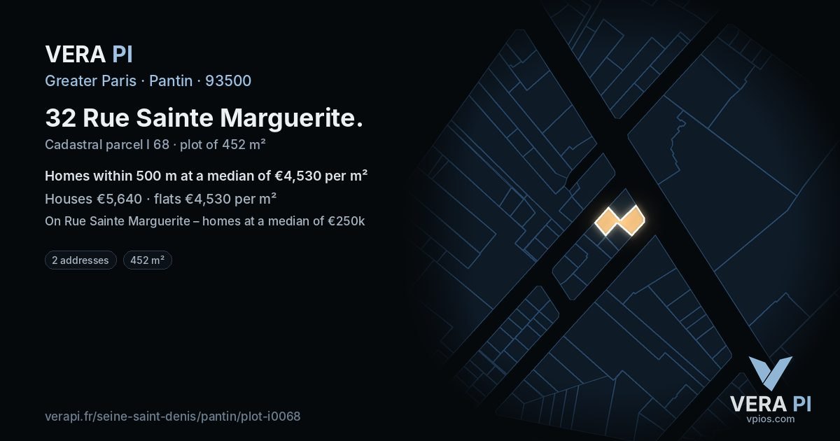 32 Rue Sainte Marguerite, Pantin at night – the plot lit, the parcels around coloured by the prices near them