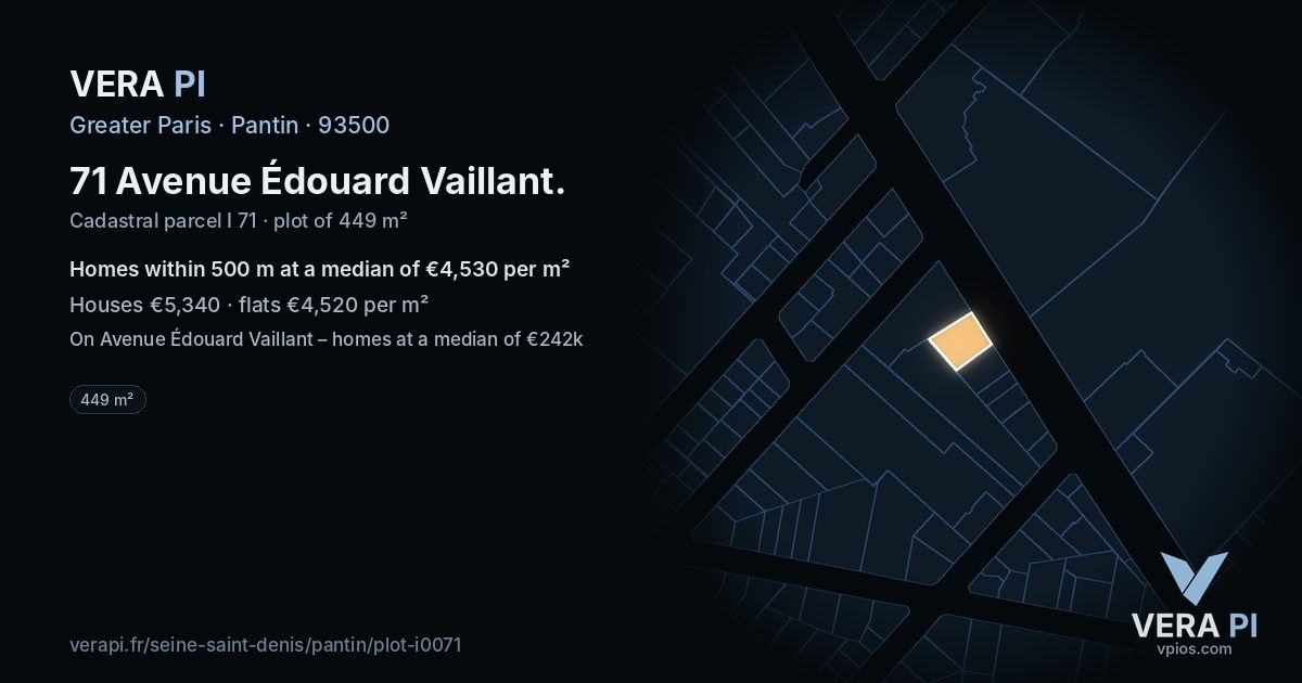 71 Avenue Édouard Vaillant, Pantin at night – the plot lit, the parcels around coloured by the prices near them
