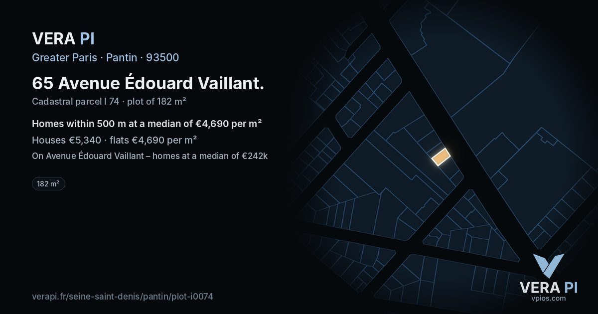 65 Avenue Édouard Vaillant, Pantin at night – the plot lit, the parcels around coloured by the prices near them