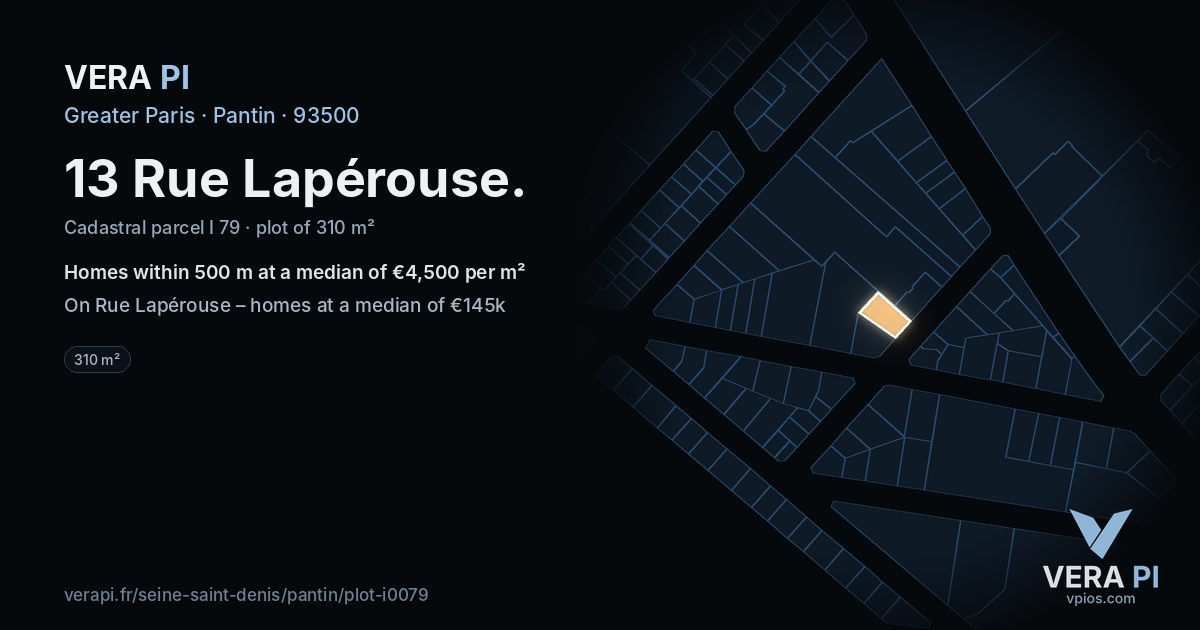 13 Rue Lapérouse, Pantin at night – the plot lit, the parcels around coloured by the prices near them