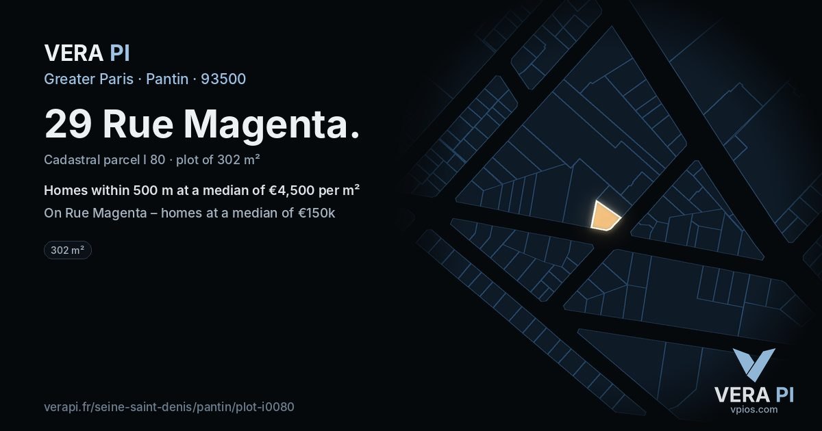 29 Rue Magenta, Pantin at night – the plot lit, the parcels around coloured by the prices near them