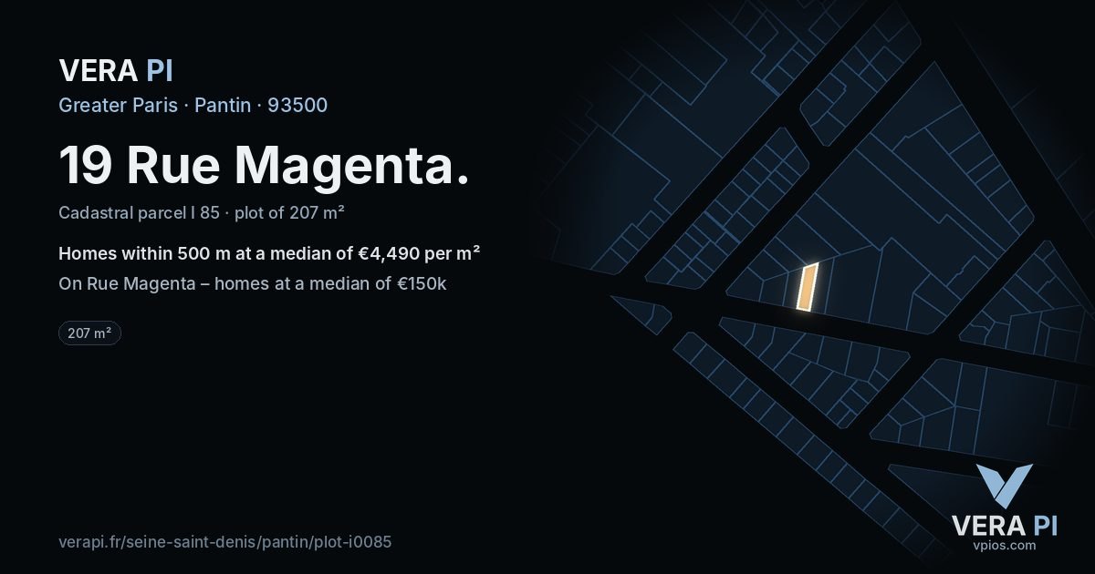 19 Rue Magenta, Pantin at night – the plot lit, the parcels around coloured by the prices near them