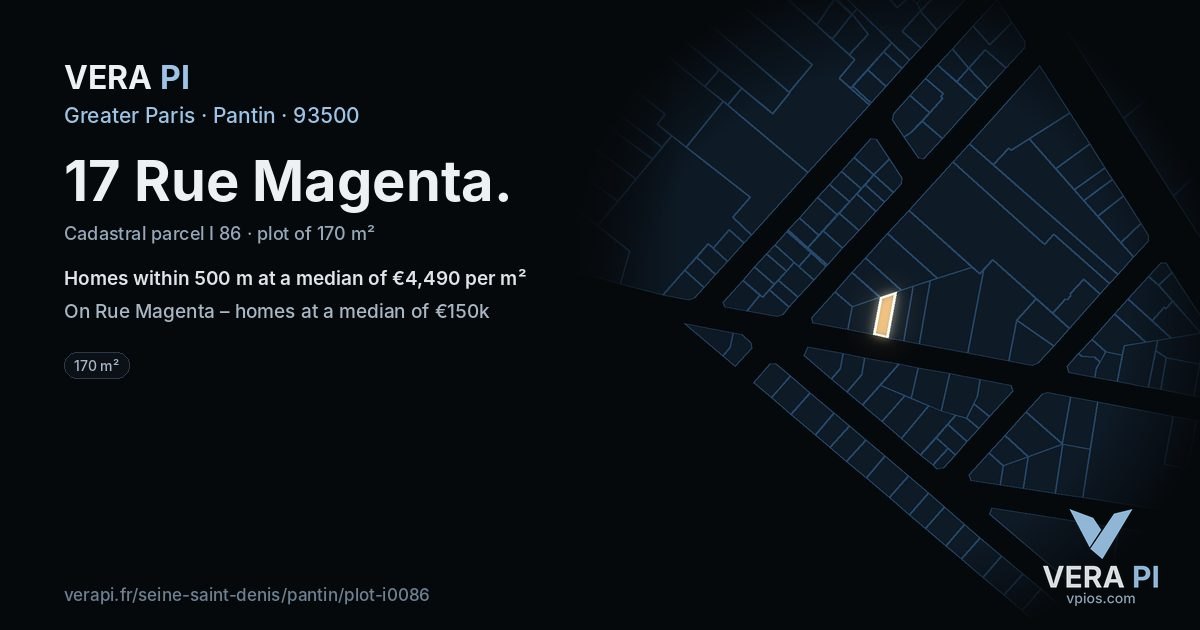 17 Rue Magenta, Pantin at night – the plot lit, the parcels around coloured by the prices near them