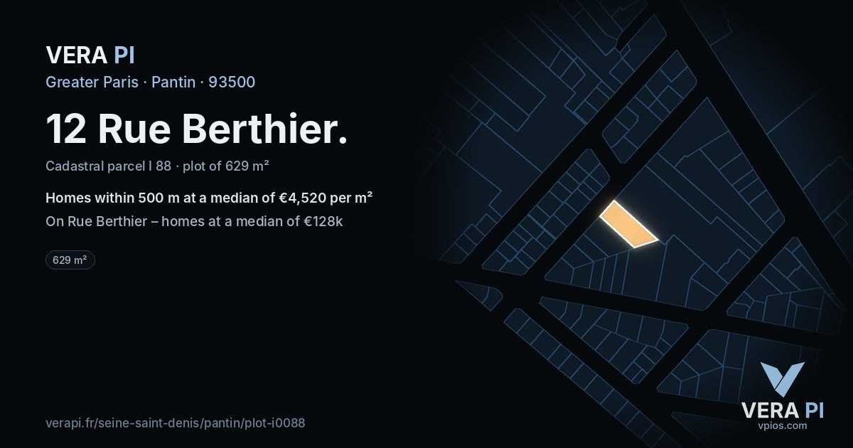 12 Rue Berthier, Pantin at night – the plot lit, the parcels around coloured by the prices near them