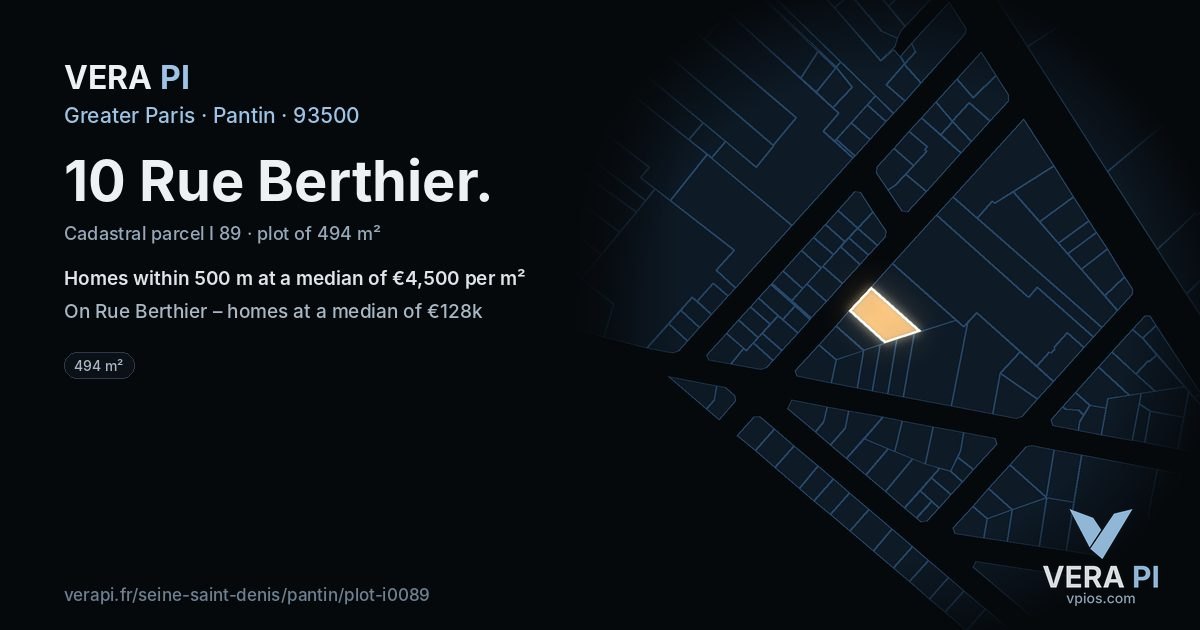 10 Rue Berthier, Pantin at night – the plot lit, the parcels around coloured by the prices near them