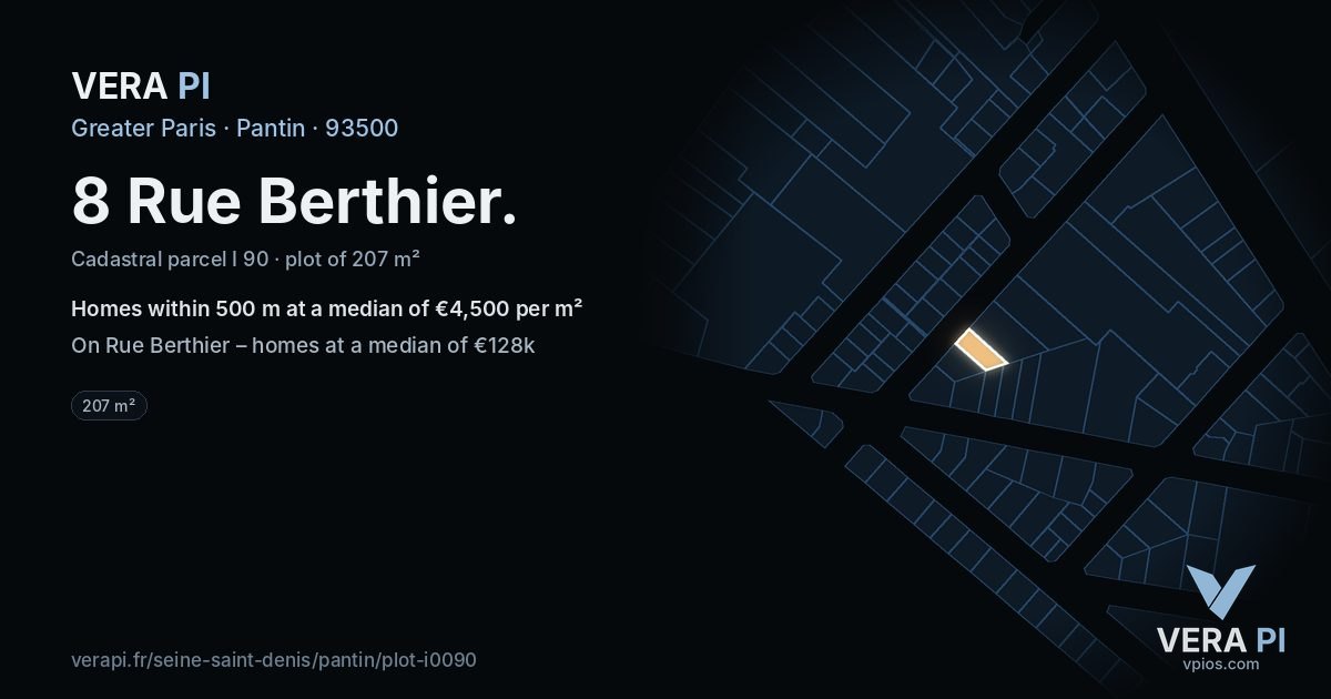 8 Rue Berthier, Pantin at night – the plot lit, the parcels around coloured by the prices near them