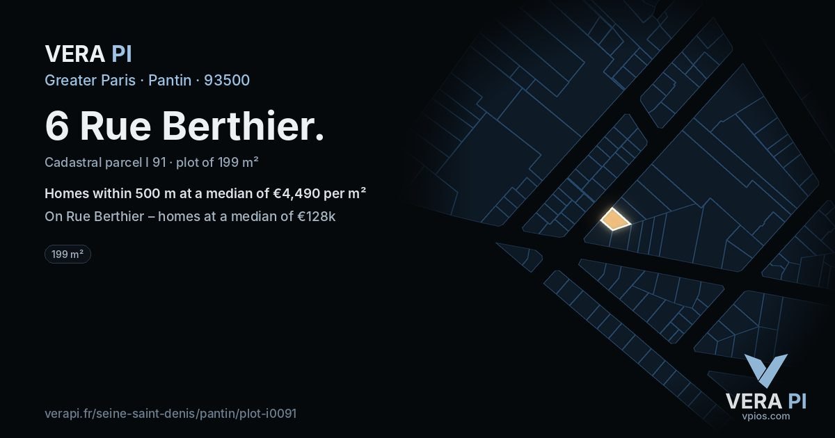 6 Rue Berthier, Pantin at night – the plot lit, the parcels around coloured by the prices near them